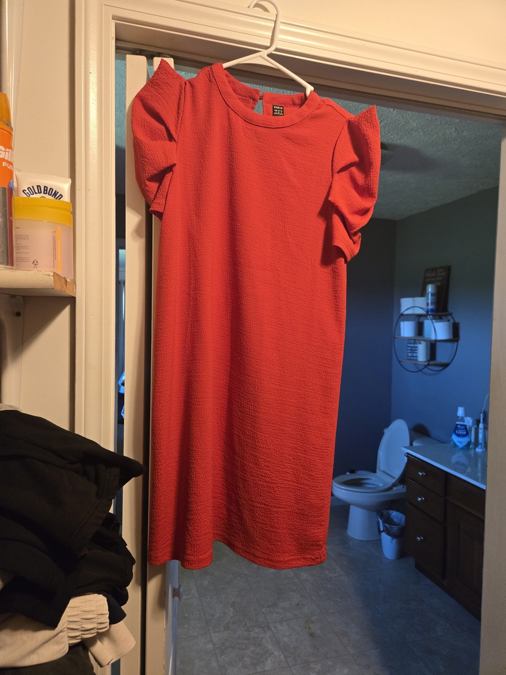 SHEIN Red Puff Sleeve Midi Shift Dress